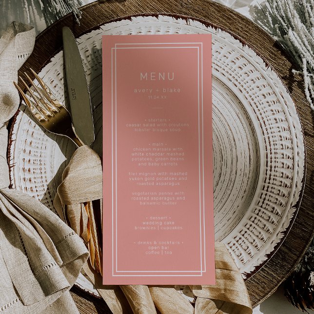 Menu Casamento Mínimo de Pincel de Pincel de Cabal Suav (AVERY Minimal Blush Peach Soft Coral Wedding Menu)