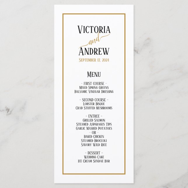 Menu Casamento Mínimo de Script Dourado Preto Moderno (Frente)
