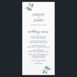 Menu Casamento Mínimo do Eucalyptus Foliage em Script C<br><div class="desc">Menu de casamento mínimo chic com um roteiro elegante de caligrafia fora de preto e um toque na moda de folhagem verde de eucalipto sobre fundo branco. Basta adicionar os detalhes do menu de casamento. Desenvolvido exclusivamente para você pelo Happy Dolphin Studio.</div>