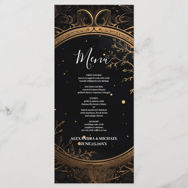 Menu Casamento Místico Celestial Preto e Dourado (Frente)