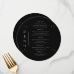 Menu Casamento Místico do Espaço da Lua Negra Negra<br><div class="desc">Místico Black Silver Sun Moon Stars Space Wedding Cards com carateres de menu de casamento com estrelas simples prateadas sobre fundo preto com detalhes de menu no centro em um moderno roteiro de caligrafia prateada. Personalize editando o texto nas caixas de texto fornecidas. Elaborado por ©2022 Evco Studio www.zazzle.com/store/evcostudio</div>