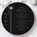 Menu Casamento Místico do Espaço da Lua Negra Negra<br><div class="desc">Místico Black Silver Sun Moon Stars Space Wedding Cards com carateres de menu de casamento com estrelas simples prateadas sobre fundo preto com detalhes de menu no centro em um moderno roteiro de caligrafia prateada. Personalize editando o texto nas caixas de texto fornecidas. Elaborado por ©2022 Evco Studio www.zazzle.com/store/evcostudio</div>