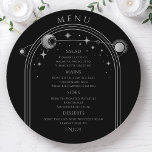 Menu Casamento Místico do Espaço da Lua Negra Negra<br><div class="desc">Mística Black Silver Sun Moon Stars Space Nupding Cartões de Menu de Casamento de Prata apresentam um sol prateado, lua e estrelas em um fundo preto com seus detalhes de menu no centro em um moderno roteiro de caligrafia prateada. Personalize editando o texto nas caixas de texto fornecidas. Projetado por...</div>