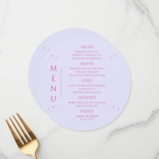 Menu Casamento Místico Lavanda Cor-de-rosa Solar (Frente/Verso In Situ)
