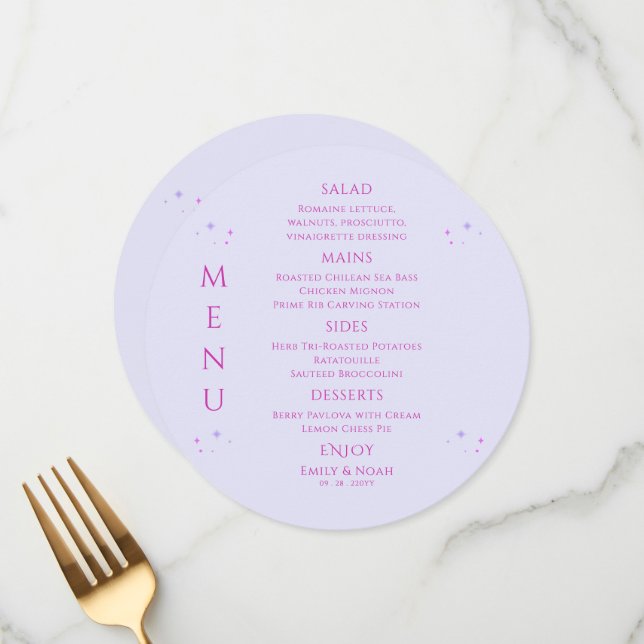 Menu Casamento Místico Lavanda Cor-de-rosa Solar (Frente/Verso In Situ)