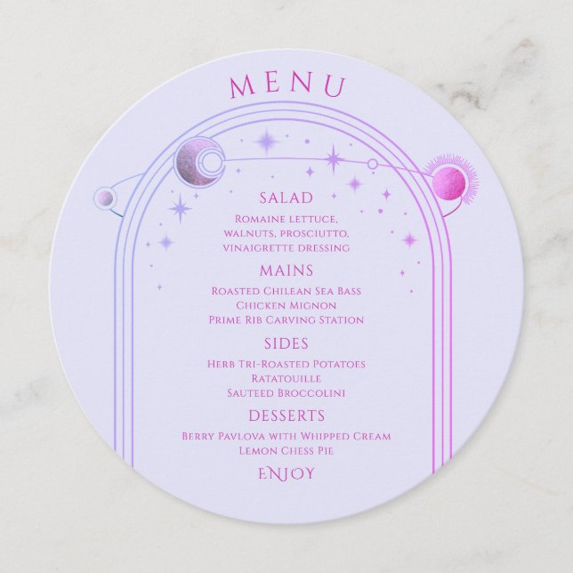 Menu Casamento Místico Lavanda Cor-de-rosa Solar (Frente)