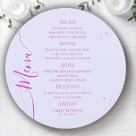 Menu Casamento Místico Lavanda Cor-de-rosa Solar<br><div class="desc">Lavanda mística Dor de Sol Rosa Rosa Lua Espacial Estrelas Cartões de Menu de Casamento Espacial apresentam estrelas roxas simples num fundo de lavanda pastel com detalhes de menu no centro em um moderno roteiro de caligrafia rosa. Personalize editando o texto nas caixas de texto fornecidas. Projetado pelo Evco Studio...</div>