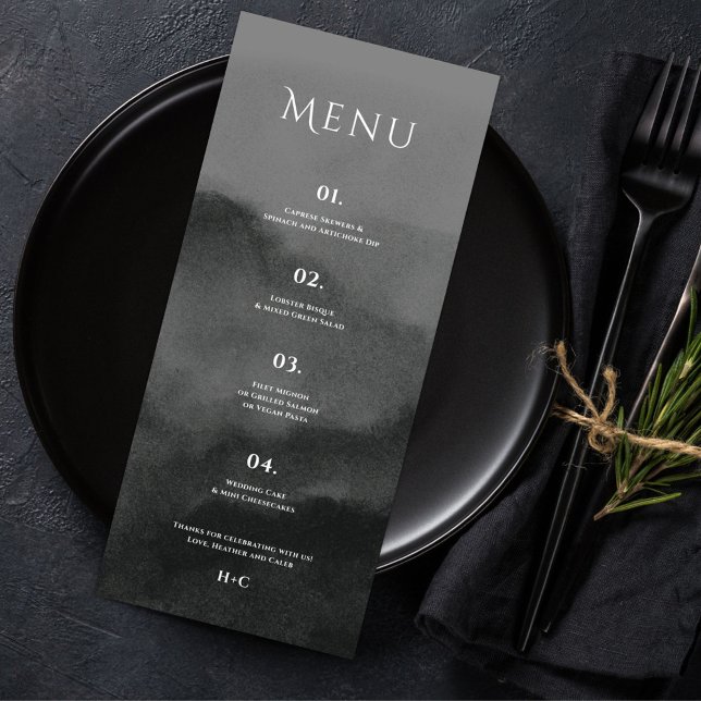 Menu Casamento Misty Mountain Black Watercolor (Criador carregado)