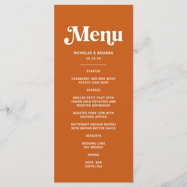 Menu Casamento Moderno Boho Retro Laranja Queimado (Frente)