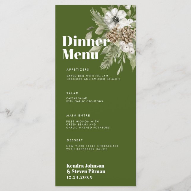 Menu Casamento Moderno Buquê da Floresta Verde e Branca (Frente)