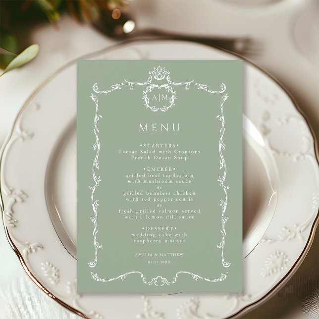 Menu Casamento Moderno Clássico Francês em Verde Sage  (Criador carregado)