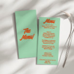 Menu Casamento Moderno Colorido Funky Retro Groovy<br><div class="desc">Um menu janto de casamento verde moderno e retro fedorento. Que apresenta design modelo chic de fundo verde vintage e tipografia laranja e negrito. E fundo verde brilhante. Perfeito e compatível com toda a suíte.</div>