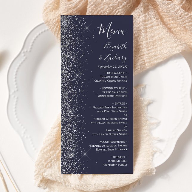 Menu Casamento Moderno com Borda de Brilho Prateado Azu (Criador carregado)