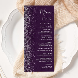 Menu Casamento Moderno com Brilho Prateado e Borda Roxa