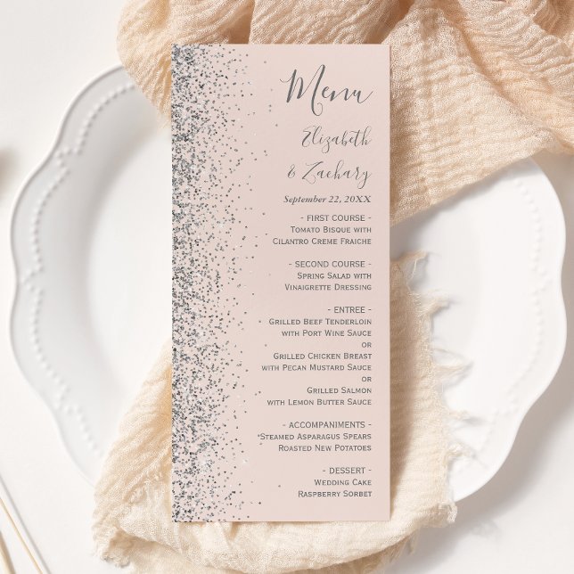 Menu Casamento Moderno com Brilho Prateado na Borda Ros (Criador carregado)