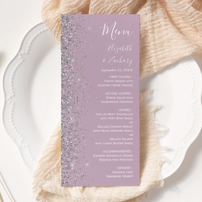 Menu Casamento Moderno com Glitter de Lilás Roxo Poeire (Criador carregado)