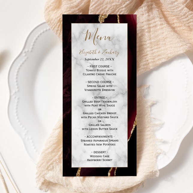 Menu Casamento Moderno com Mármore Burgundy Dourado Ága (Criador carregado)