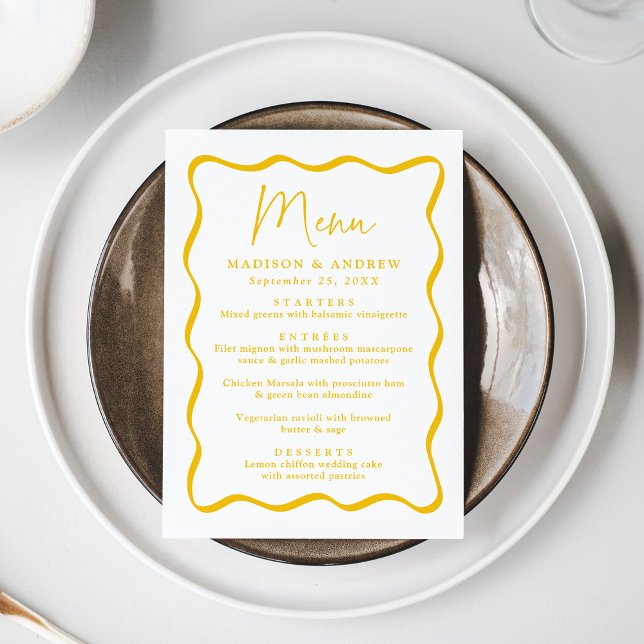 Menu Casamento Moderno com Moldura Amarela Ondulada (Criador carregado)