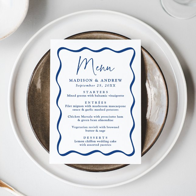 Menu Casamento Moderno com Moldura Ondulada Azul (Criador carregado)