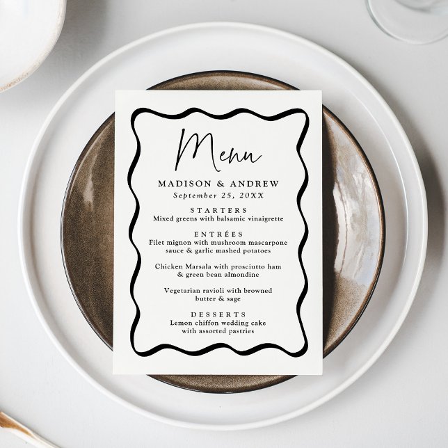 Menu Casamento Moderno com Moldura Ondulada Creme e Pre (Criador carregado)