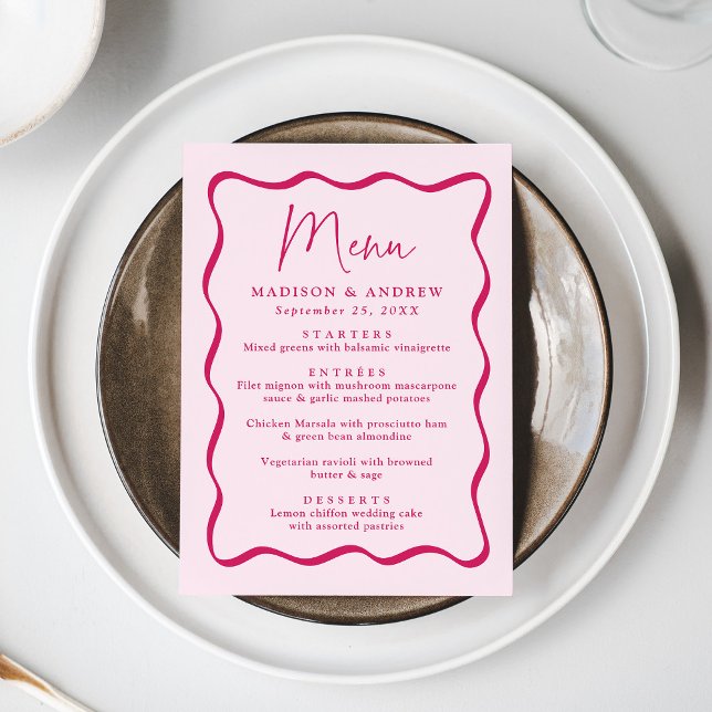 Menu Casamento Moderno com Moldura Ondulada Rosa (Criador carregado)