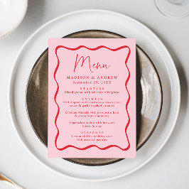 Menu Casamento Moderno com Moldura Ondulada Rosa e Verm