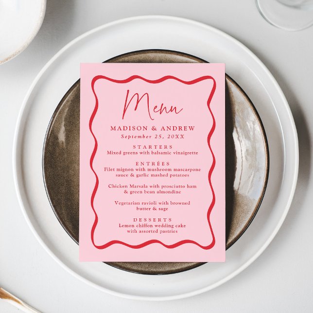 Menu Casamento Moderno com Moldura Ondulada Rosa e Verm (Criador carregado)