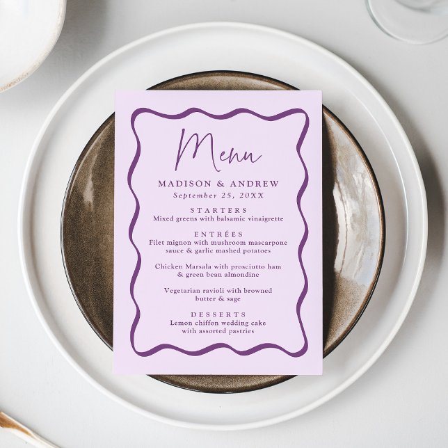 Menu Casamento Moderno com Moldura Ondulada Roxa (Criador carregado)