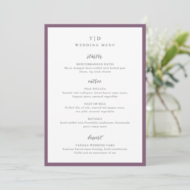 Menu Casamento Moderno com Monograma Roxo Elegante (Em pé/Frente)