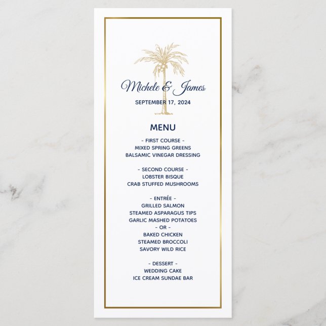 Menu Casamento Moderno da Árvore Palm Dourada Branca do (Frente)