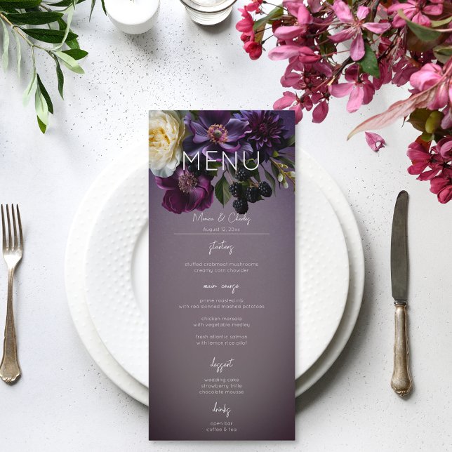 Menu Casamento Moderno da Lavanda Roxo-Escura (Dark Moody Purple & Lavender Floral Modern Wedding Menu)
