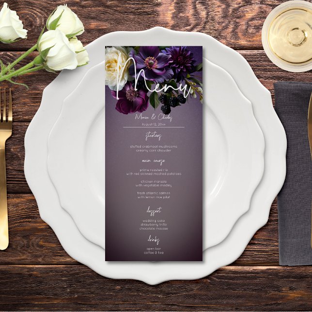 Menu Casamento Moderno da Lavanda Roxo-Escura (Dark Moody Purple Lavender Floral Modern Wedding Menu)