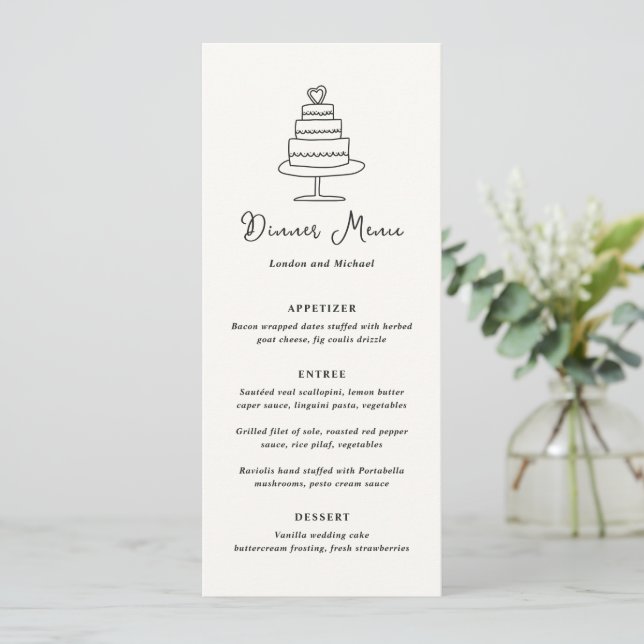 Menu Casamento Moderno de Bolo de Mão Desenhada (Em pé/Frente)