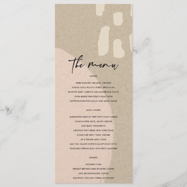 MENU CASAMENTO MODERNO DE PINK KRAFT ABSTRATO BLUSH (Frente)