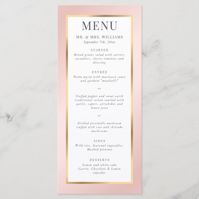 Menu Casamento Moderno Dourado Elegante e Rosa Esbranqu (Frente)