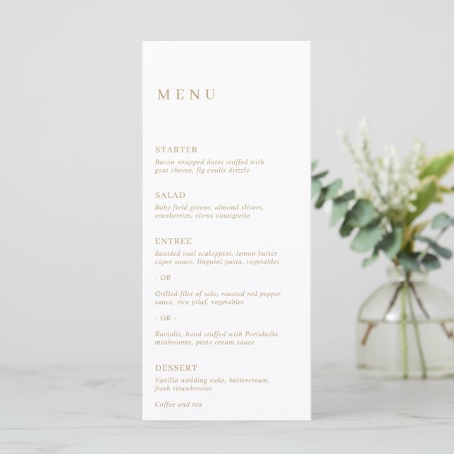 Menu Casamento Moderno Dourado Minimalista (Em pé/Frente)