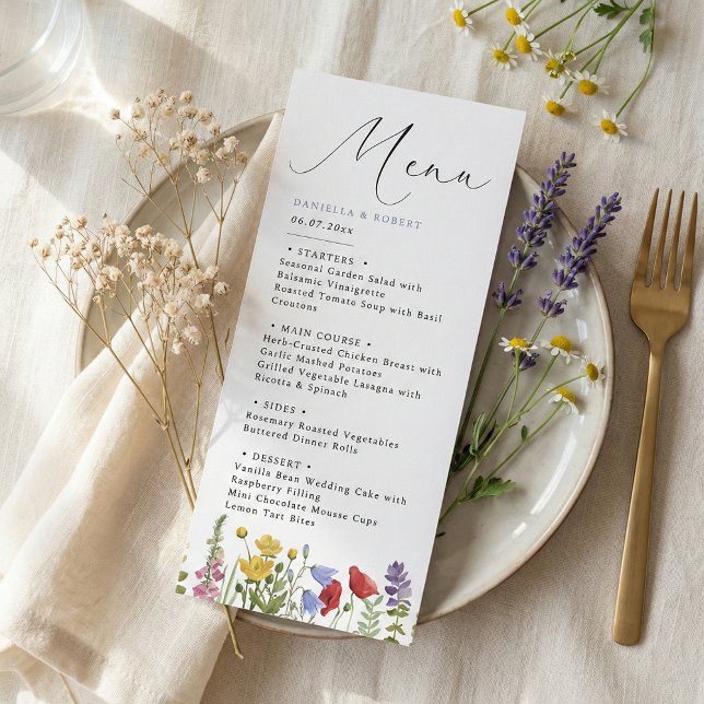 Menu Casamento Moderno e Elegante com Flores Silvestres (elegant modern minimalist wildflower wedding menu card in script calligraphy)