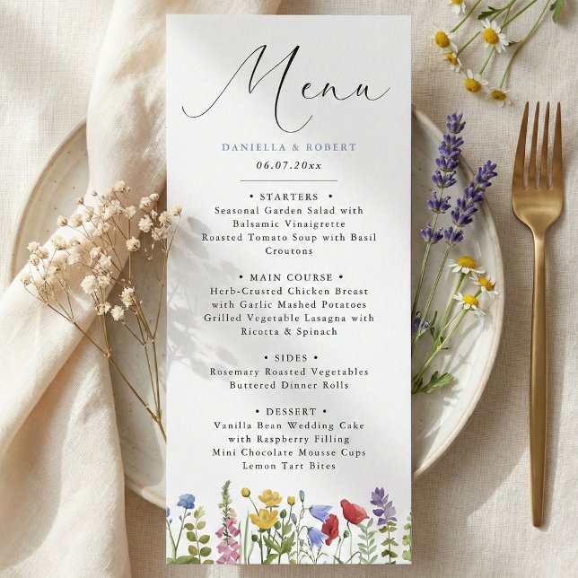 Menu Casamento Moderno e Elegante de Primavera e Verão  (personalized modern minimalist elegant script calligraphy wildflower wedding menu card)