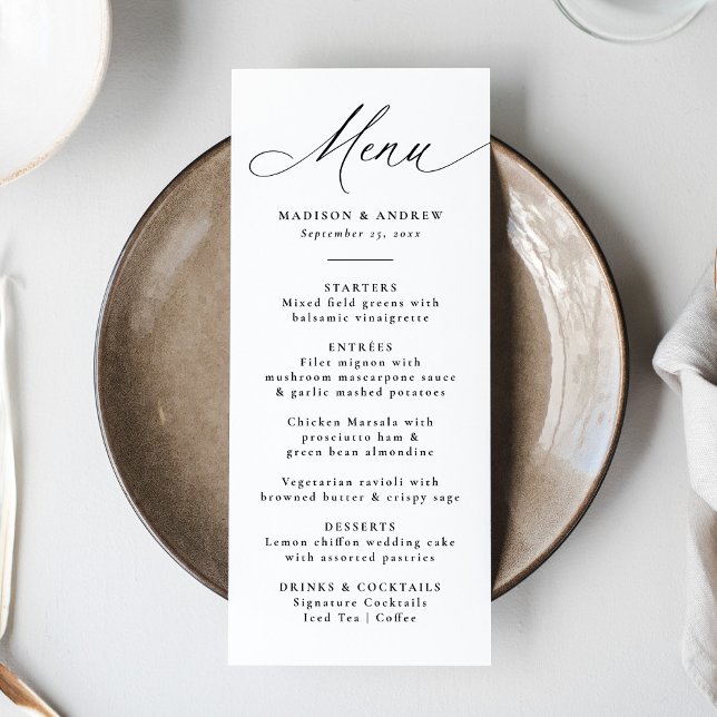 Menu Casamento Moderno Elegante Caligrafia Preta (Criador carregado)