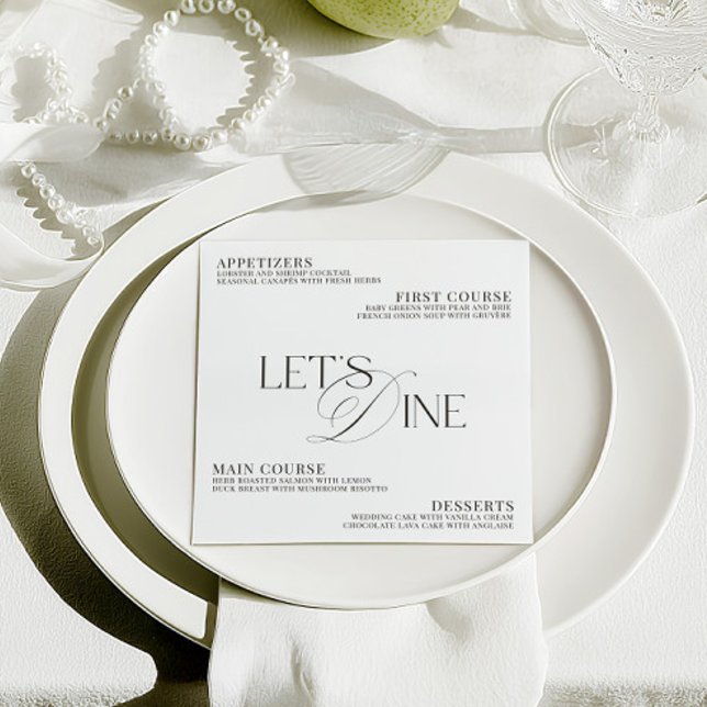 Menu Casamento Moderno Elegante Jantar Preto e Branco (Modern Elegant Black & White Wedding Dinner Menu)