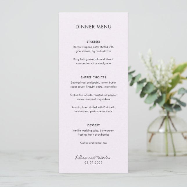 Menu Casamento Moderno Elegante Lilac (Em pé/Frente)