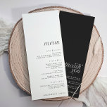 Menu Casamento Moderno Elegante Simples com Obrigado de<br><div class="desc">Menu com obrigado no verso: Este elegante menu de casamento apresenta um design moderno e minimalista com uma frente branca e um texto preto elegante, perfeitamente alinhado na parte inferior para permitir espaço para nomes de etiqueta recortados no topo. No verso, um obrigado pensativo que você envia é exibido em...</div>