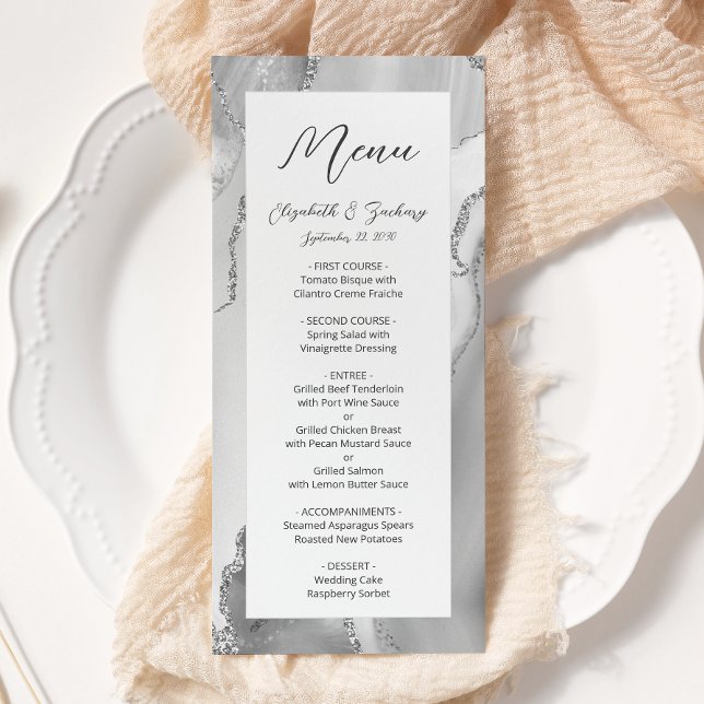 Menu Casamento Moderno em Ágata Cinza Prata (Criador carregado)