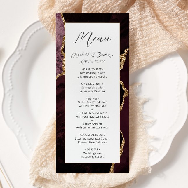 Menu Casamento Moderno em Ágata Dourada Burgundy (Criador carregado)