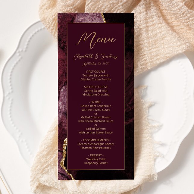 Menu Casamento Moderno em Ágata Dourada Burgundy (Criador carregado)