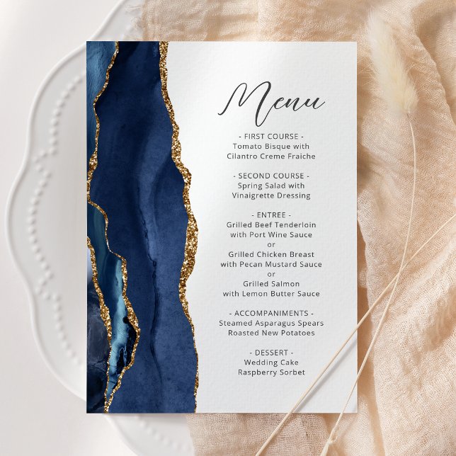 Menu Casamento Moderno em Azul Naval com Ágata Dourada (Criador carregado)