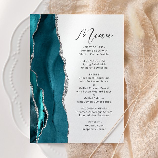 Menu Casamento Moderno em Azul Teal Prata Ágata Roteiro (Criador carregado)