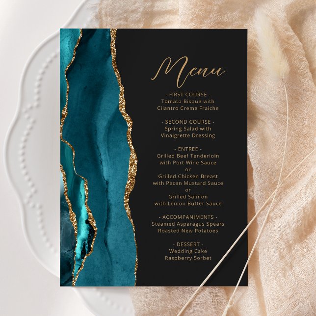 Menu Casamento Moderno em Azul Turquesa Ágata Dourado (Criador carregado)