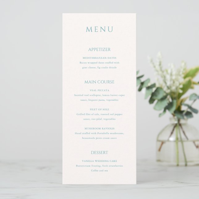 Menu Casamento Moderno em Azul Turquesa Estiloso (Em pé/Frente)
