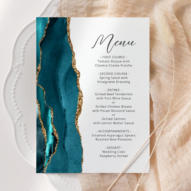 Menu Casamento Moderno em Azul Verde Dourado Ágata Rote (Criador carregado)